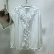 Lace-Trim Tie-Neck Blouse