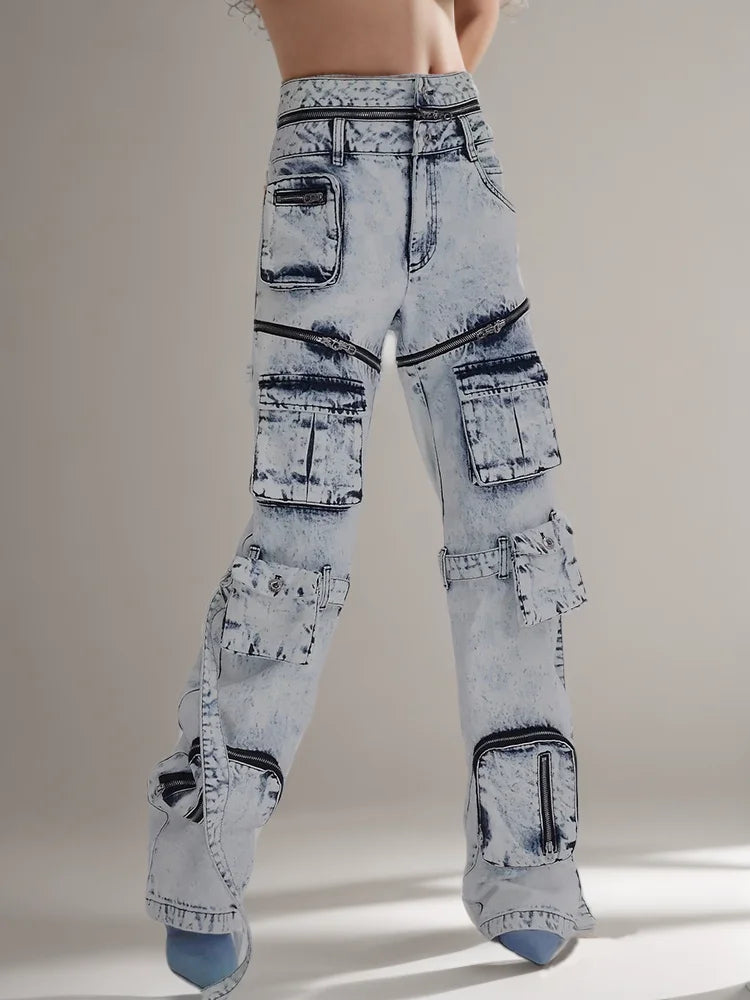 Contrast-Pocket Wide-Leg Cargo Jeans