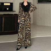 TWOTWINSTYLE Leopard Spliced Pocket Two Piece Set Female Lapel Long Sleeve Jacket American Retro Women's Trousers Set Autumn New