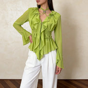 Ruffled V-Neck Flared-Cuff Blouse