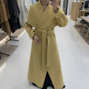 Draped-Collar Long Wrap Coat