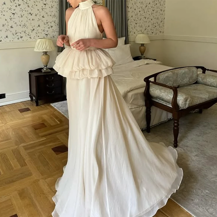 Ruffle-Waist Halter Long Dress