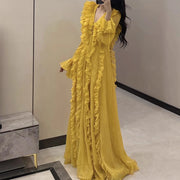 Ruffled Long-Sleeve Yellow Dress