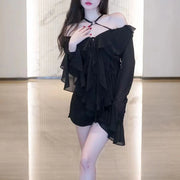 Ruffled V-Neck Flared-Cuff Blouse