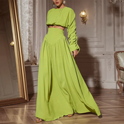 Ruched-Sleeve Top and Long Skirt Set