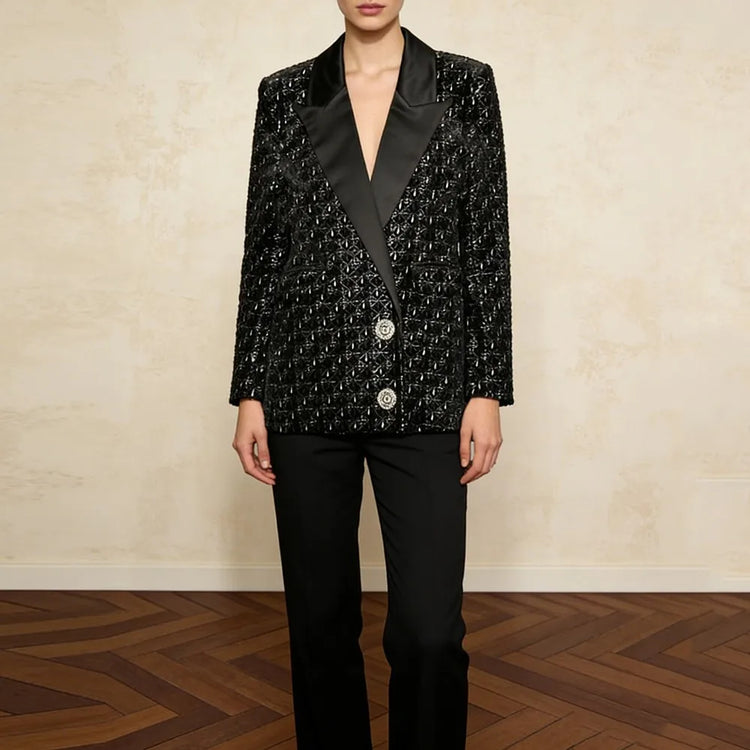 Contrast-Lapel Textured Blazer