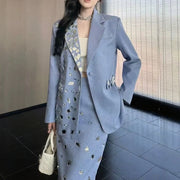 TWOTWINSTYLE Solid Spliced Diamond Two Piece Set Female Lapel Long Sleeve Jacket Office Lady Women's Skirt Set Autumn Fashion