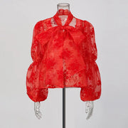 Floral Tie-Neck Sheer Blouse