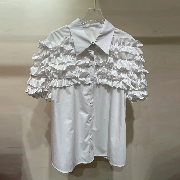 Ruffle-Yoke Short-Sleeve Shirt
