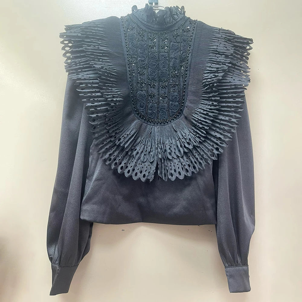 Pleated-Bib Long-Sleeve Blouse