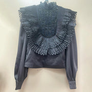 Pleated-Bib Long-Sleeve Blouse
