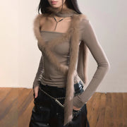 TWOTWINSTYLE Solid Two Piece Set Female Square Collar Long Sleeve T Shirt Vintage Korean Women's Spliced Fur Scarf Fashion Set