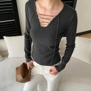 Lace-Up Neck Long-Sleeve Top