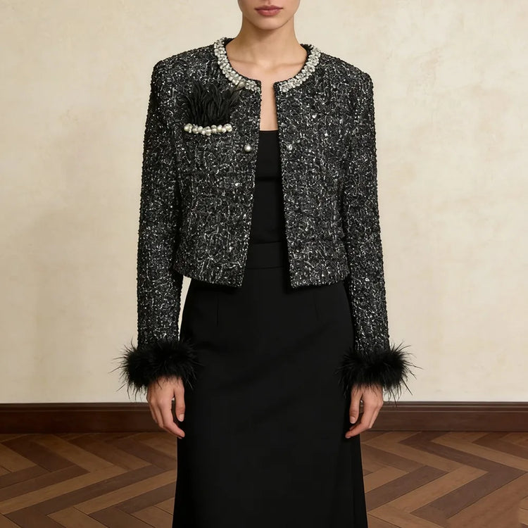 Embellished Round-Neck Cropped Jacket
