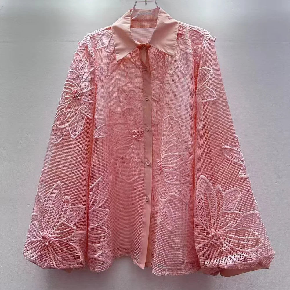 Sheer Floral Lace Collared Shirt