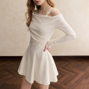 Asymmetric-Neck Draped Mini Dress