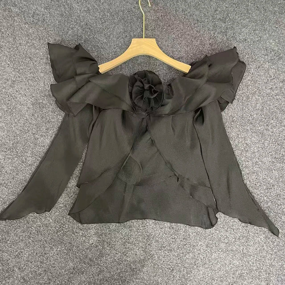 Rosette Off-Shoulder Ruffle Blouse