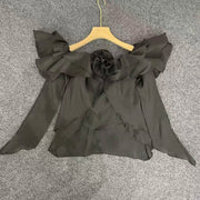 Rosette Off-Shoulder Ruffle Blouse