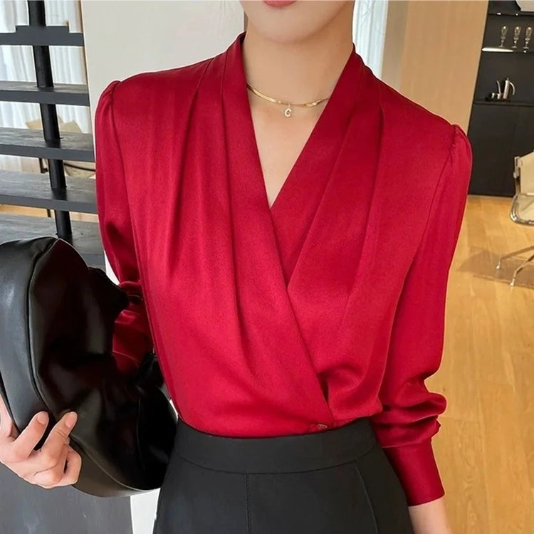 Draped V-Neck Long-Sleeve Blouse