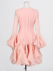 Ruffled Button-Front Long-Sleeve Dress