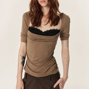 Lace-Neck Ruched Top