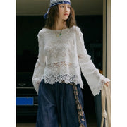 Flared-Sleeve Sheer Lace Blouse