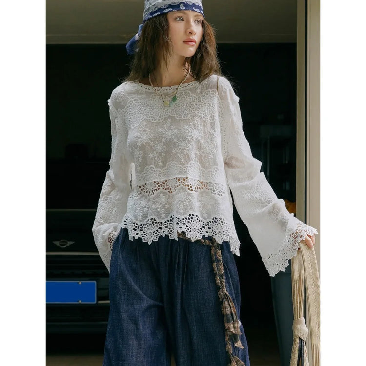 Flared-Sleeve Sheer Lace Blouse