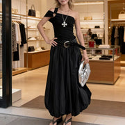 Asymmetric-Neck Balloon-Hem Dress