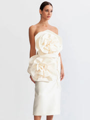 Oversized-Rosette Strapless Midi Dress