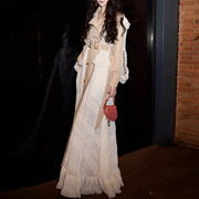 Lace-Panel Ruffle-Hem Long Coat