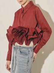 Ruffle-Hem Cropped Button Shirt
