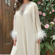 Embellished-Neck Pleated Long Dress