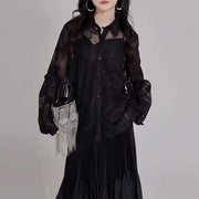 Sheer Floral Lace Collared Shirt