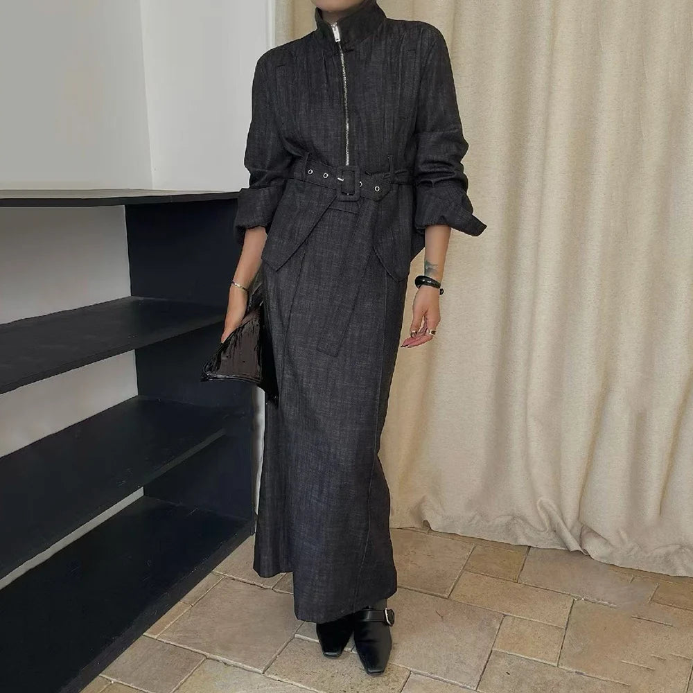 TWOTWINSTYLE Solid Spliced Sashes Two Piece Set Female Turtleneck Long Sleeve Jacket Streetwear Retro Women's Skirt Set Fashion
