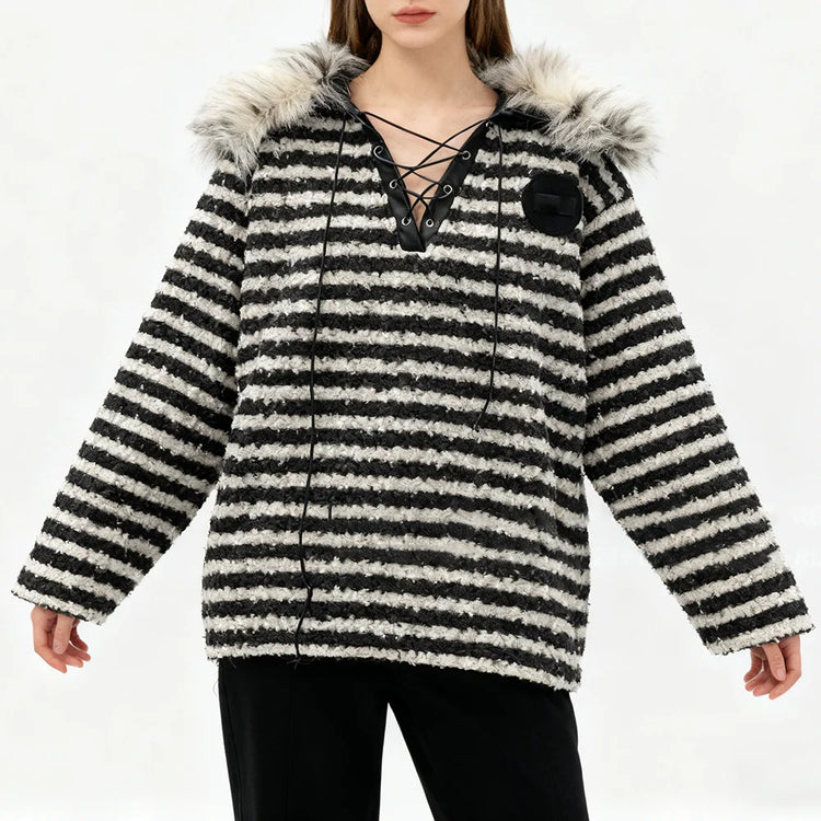 Striped Lace-Up Sweater