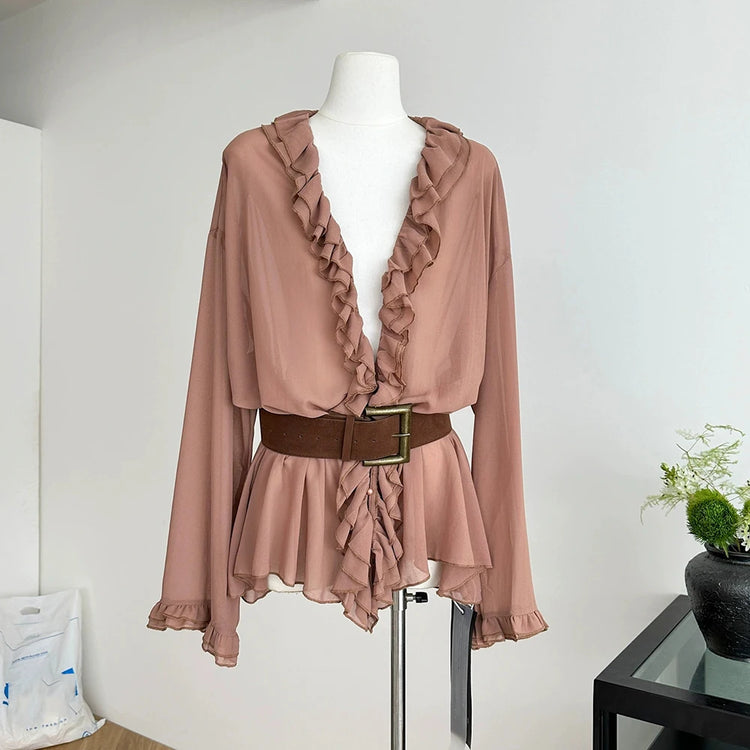 V-Neck Ruffle-Trim Blouse