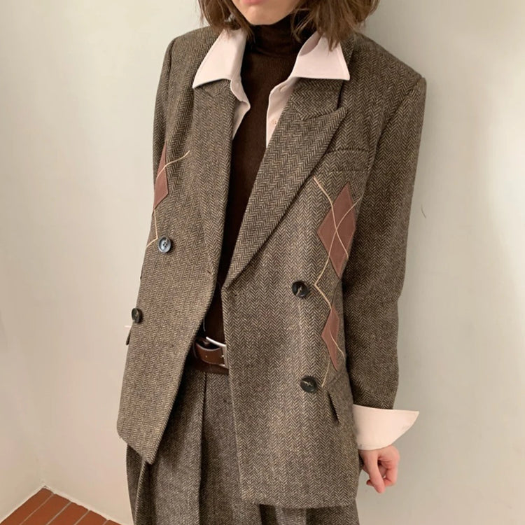 Argyle-Panel Double-Breasted Blazer