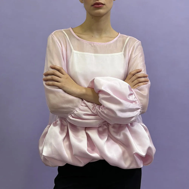 Sheer-Panel Balloon-Hem Blouse