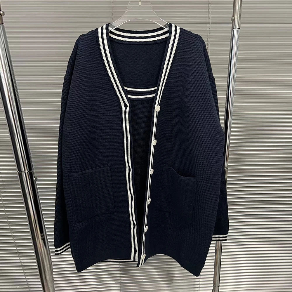 Contrast-Trim Cardigan and Dress Set