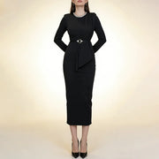 Draped Long-Sleeve Fitted Dress