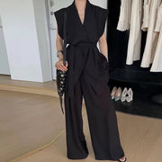 TWOTWINSTYLE Solid Spliced Folds Two Piece Set Female V Neck Sleeveless Shirt Streetwear Design Women's Trousers Set Fashion New