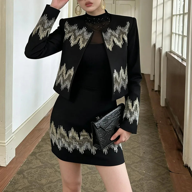TWOTWINSTYLE Black Spliced Beads Two Piece Set Female O Neck Long Sleeve Jacket French Luxury Women's Short Skirt Set Autumn New
