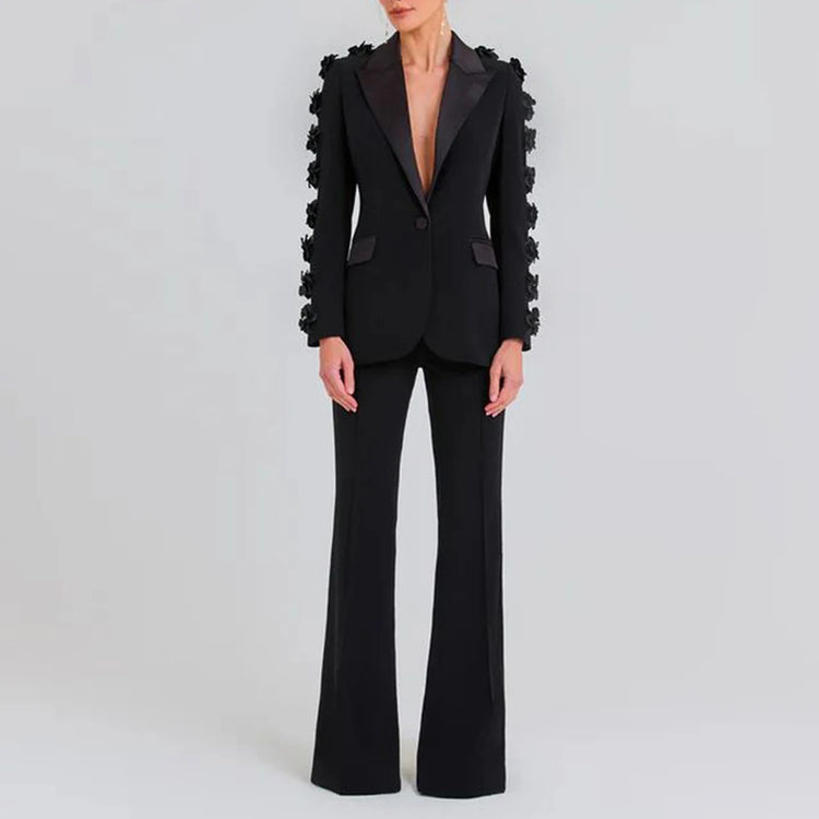 Applique Blazer and Flared Pants Set