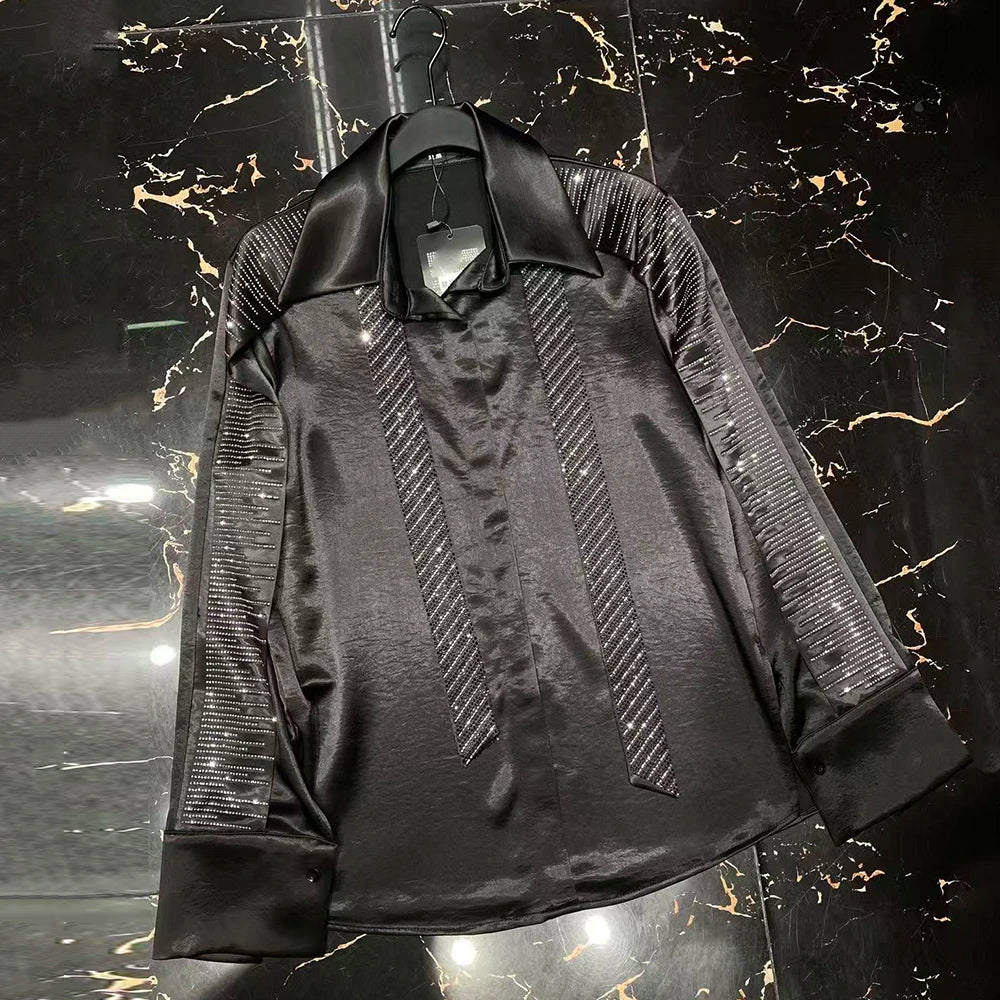 Pleated-Sleeve Glossy Button Shirt