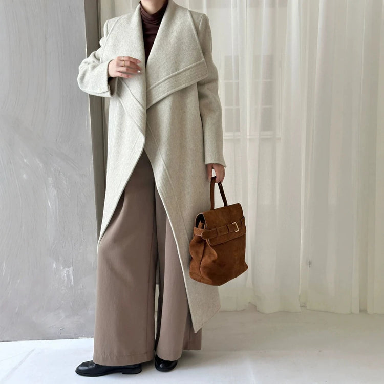 Draped-Collar Long Wrap Coat