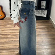 Embroidered-Pocket Wide-Leg Jeans