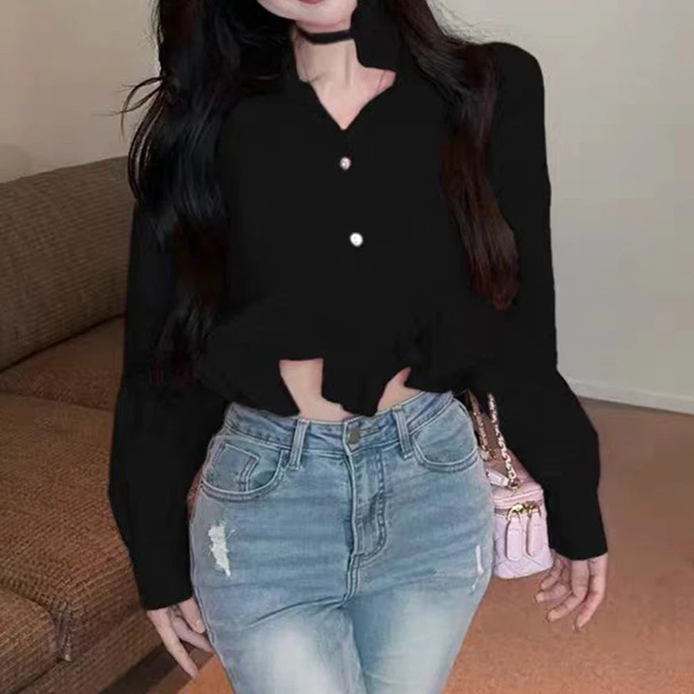 Ruffle-Hem Cropped Button Shirt