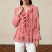 Ruffle-Front Drawstring Blouse