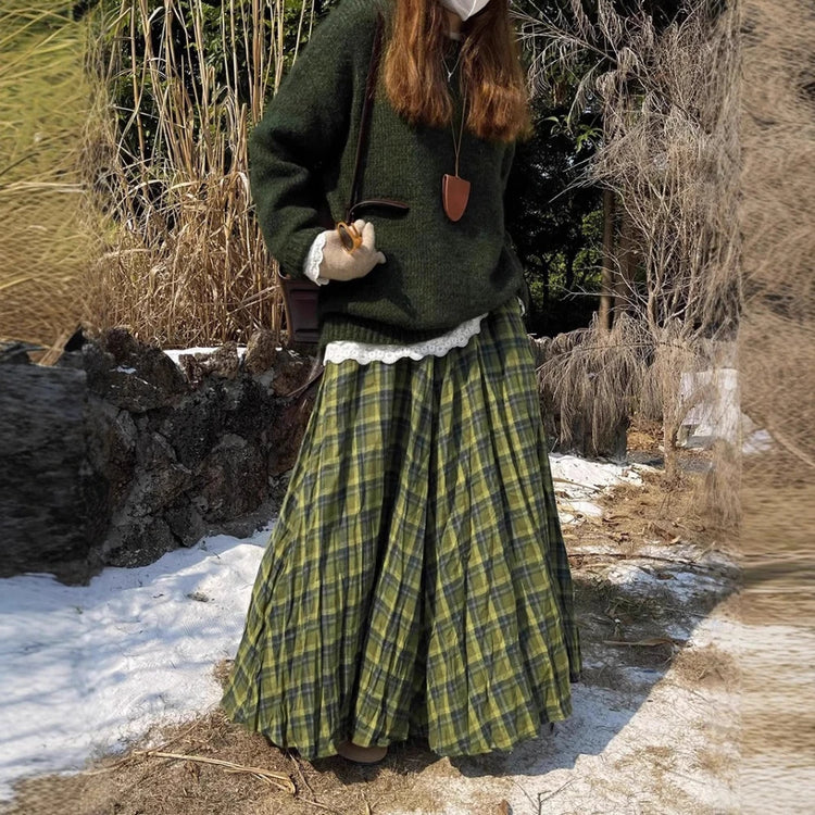 Plaid Gathered Long Skirt