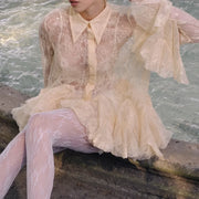 Sheer Lace Ruffle-Hem Shirt Dress